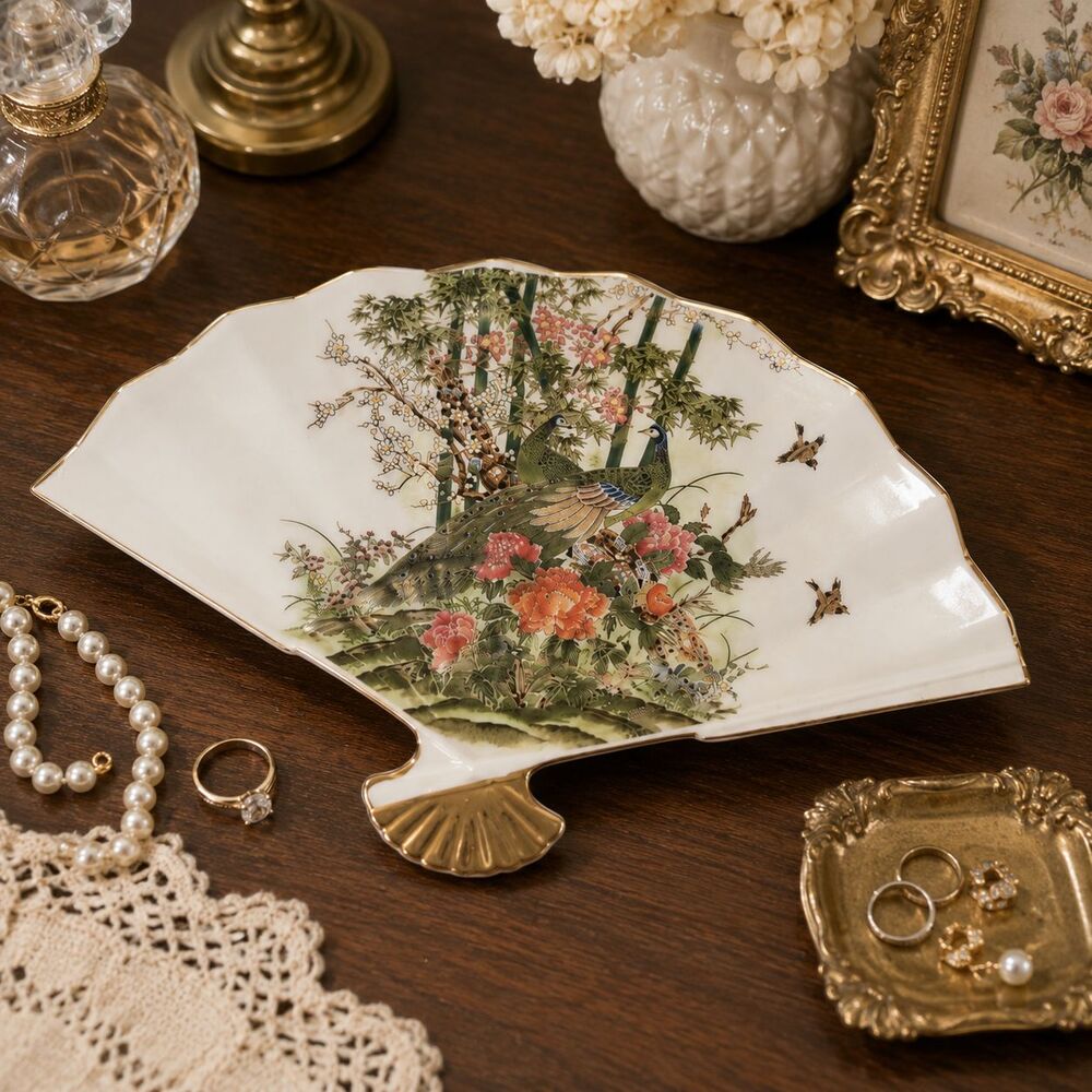 Vintage Japanese Fan Shaped Peacock Trinket Dish Porcelain Gold Trim 9 Inch